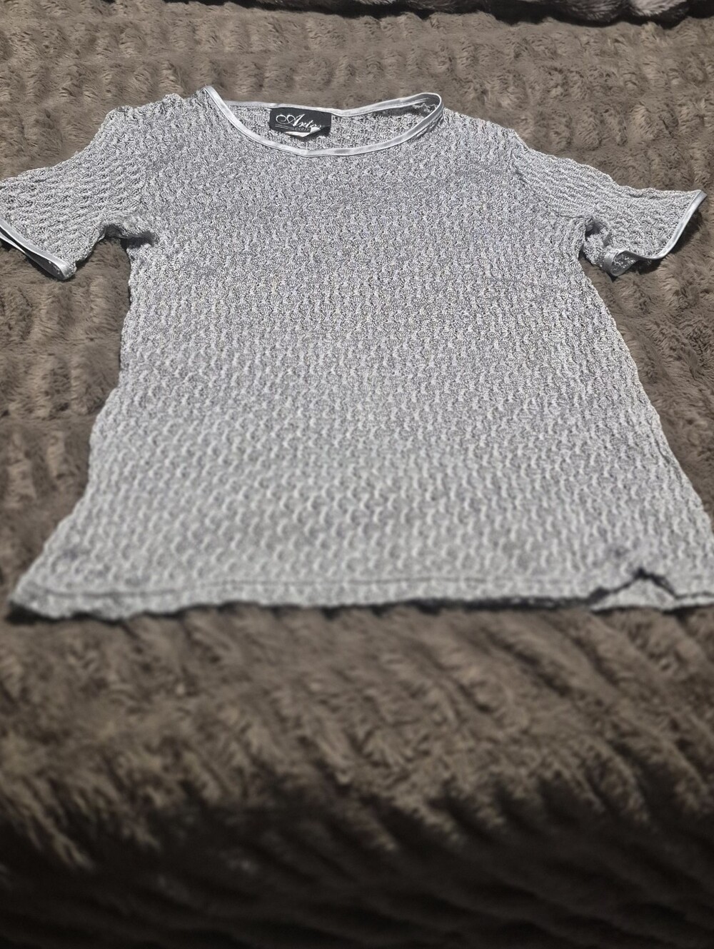 Aje Silver Gray Open Knit Tee with Contrast Trim